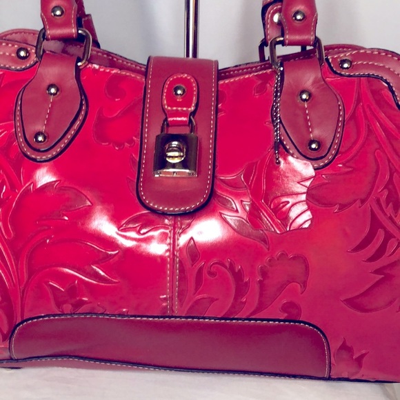 MC red embossed genuine leather satchel handbag with feet. - Picture 2 of 16